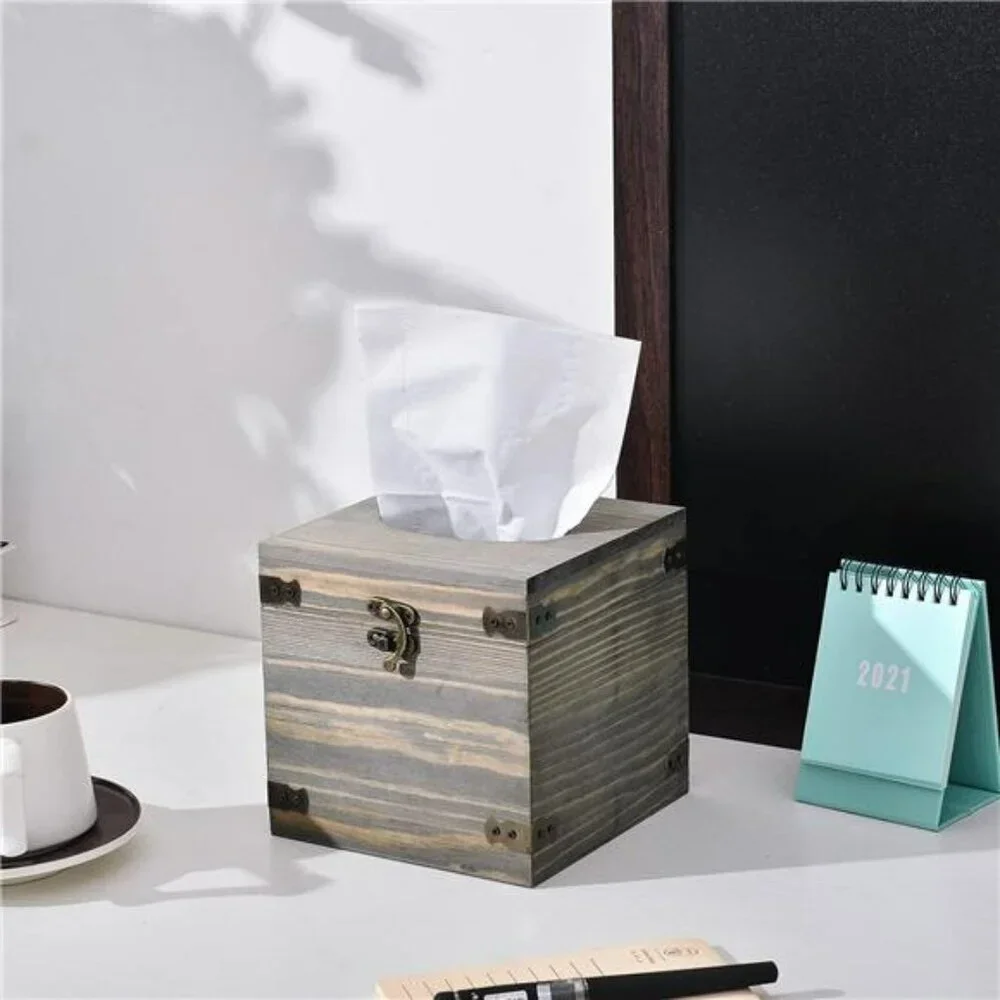 Rustic wood tissue box cover square vintage tissue holder bathroom kitchen decor